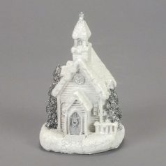 Fehér-ezüst világítós templom kicsi - 5,9x6,6x10,7 cm