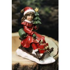 Piros karácsonyi figura - lány szánon - 11cm