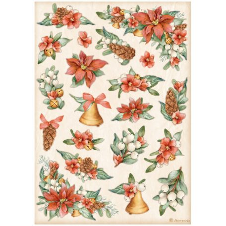 Stamperia riszpapir  A4 - All Around Christmas poinsettia and bells-DFSA4806