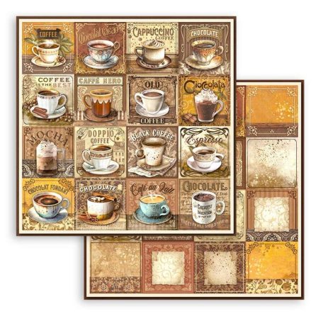 Stamperia scrapbook papír - Coffee and Chocolate tags with cups - 2 oldalas - 31,5 x 30,5 cm - SBB-968