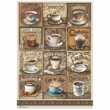 Stamperia rizspapir - A4 -  21x29,7cm - Coffee and Chocolate tags with cups - DFSA-4822