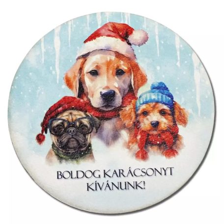 Nyomtatott fa tábla koszorú közép - Boldog karácsonyt kutyusos - 14,8 cm